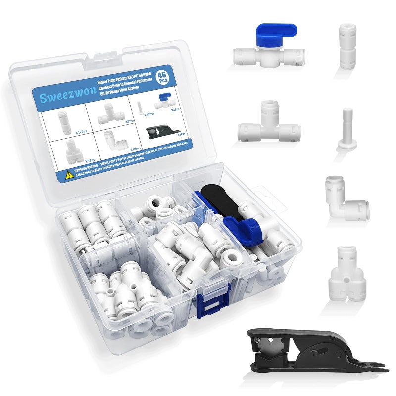 Sweezwon Water Tube Fittings Kit  1/4"" OD Quick Connect Push to Connect Fittings for RO/DI Water Filter System (Ball Valve+ T+ I+ L+ Y+ Professional Tubing Cutter  46Pcs) - Image 1